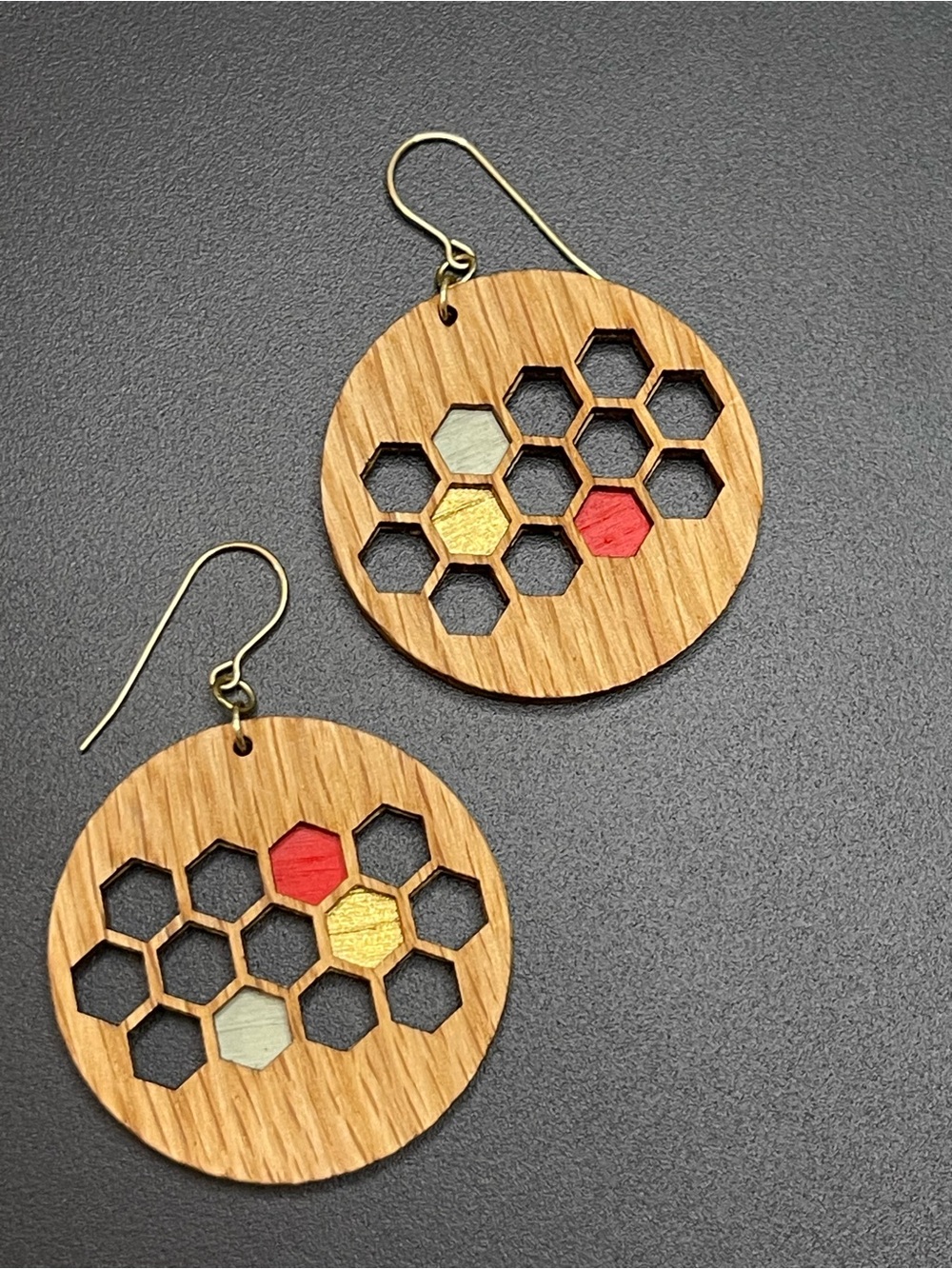 Handcrafted Honeycomb Walnut Wood Earrings with Red, Gold & Cream Accents